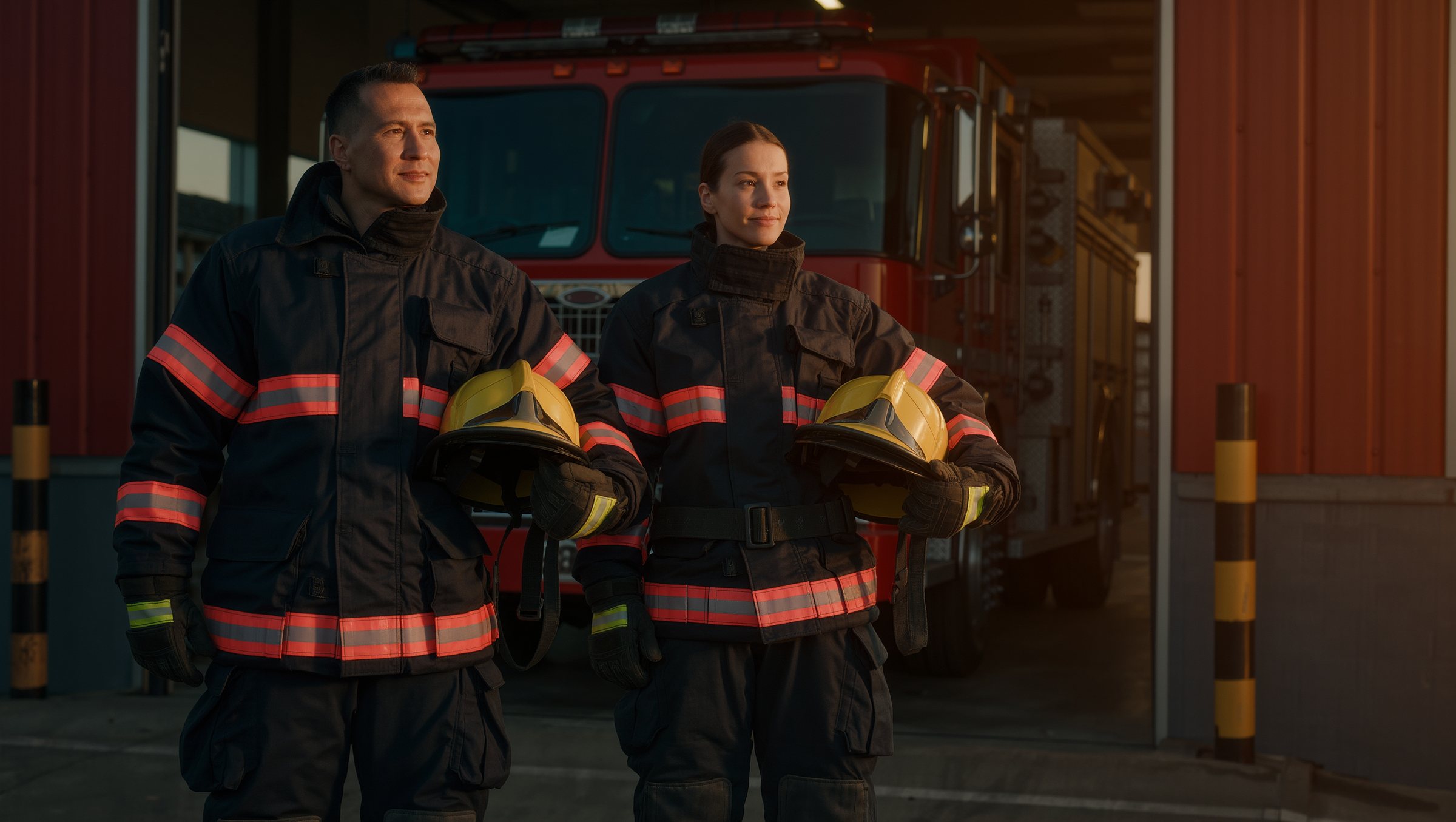 Two firefighters at the door of their station at sunset